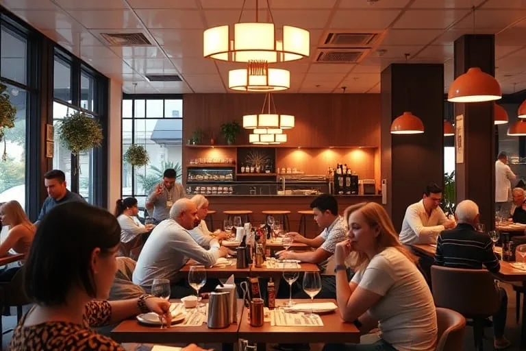 Busy restaurant interior with staff and customers dining
