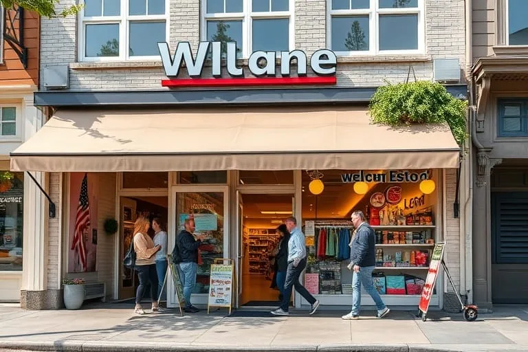 Storefront of a local retail shop with customers walking in