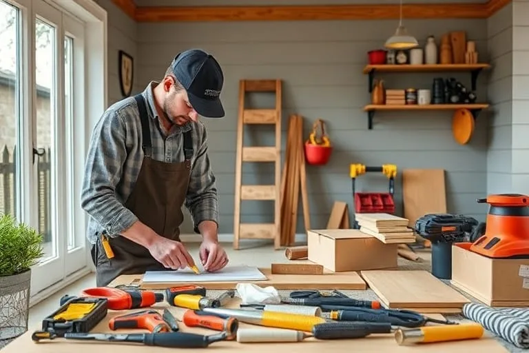 Contractor working with tools and materials in a workshop