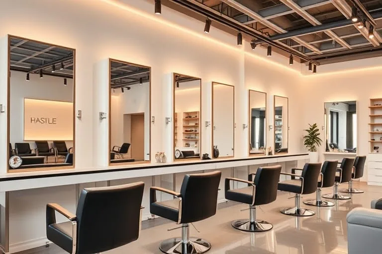 Modern hair salon interior with styling chairs and mirrors