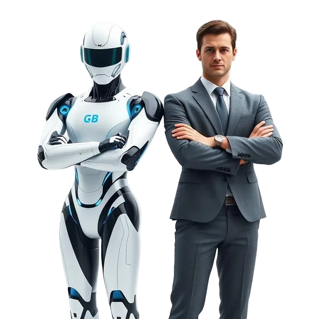 Illustration of a white robot labeled GB standing next to a businessman with arms crossed