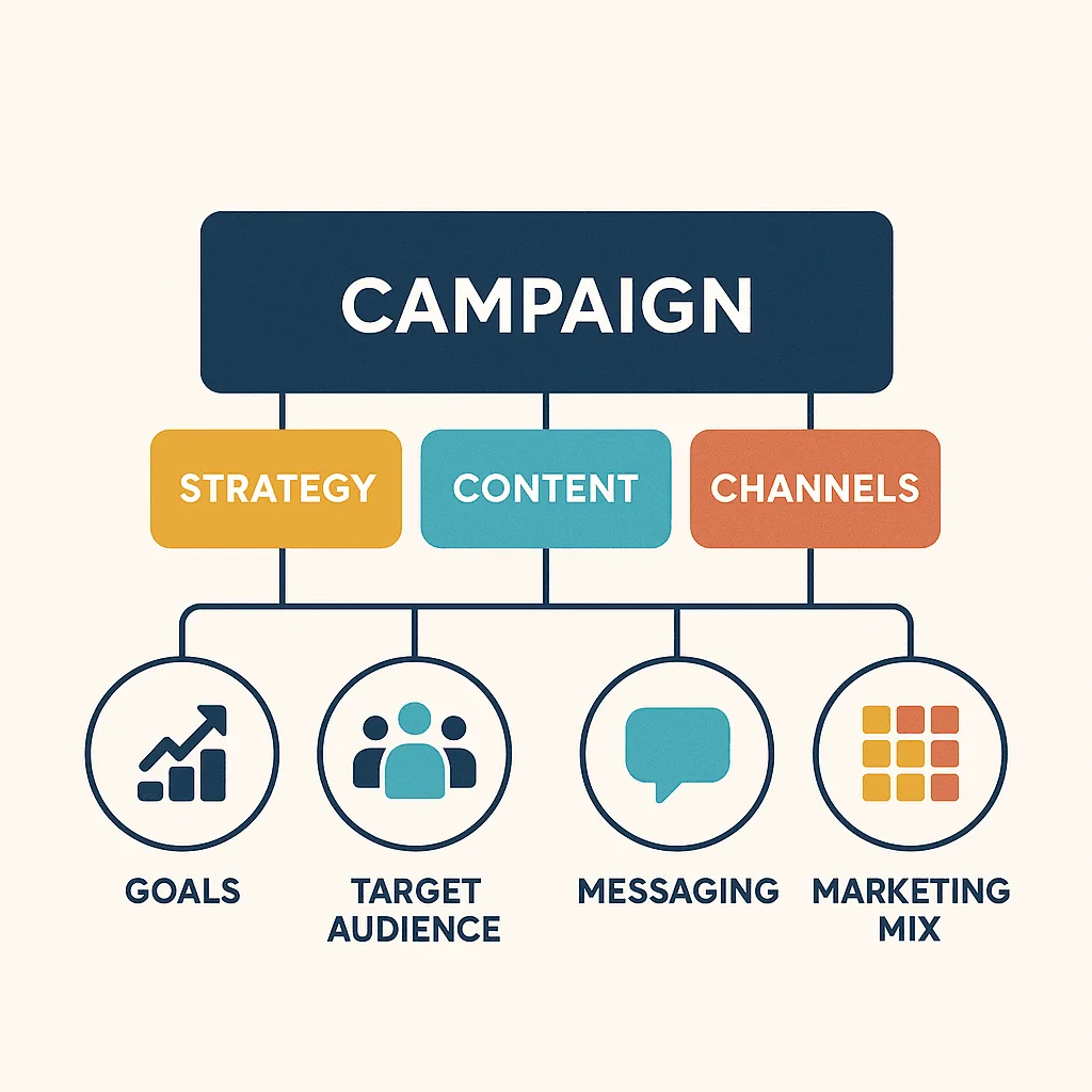 Campaign strategy diagram showing strategy, content, and channels branching into goals, audience, messaging, and marketing mix