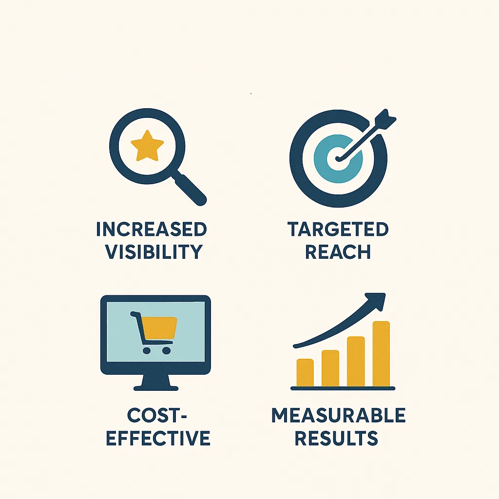 Four-icon infographic showing increased visibility, targeted reach, cost-effectiveness, and measurable results