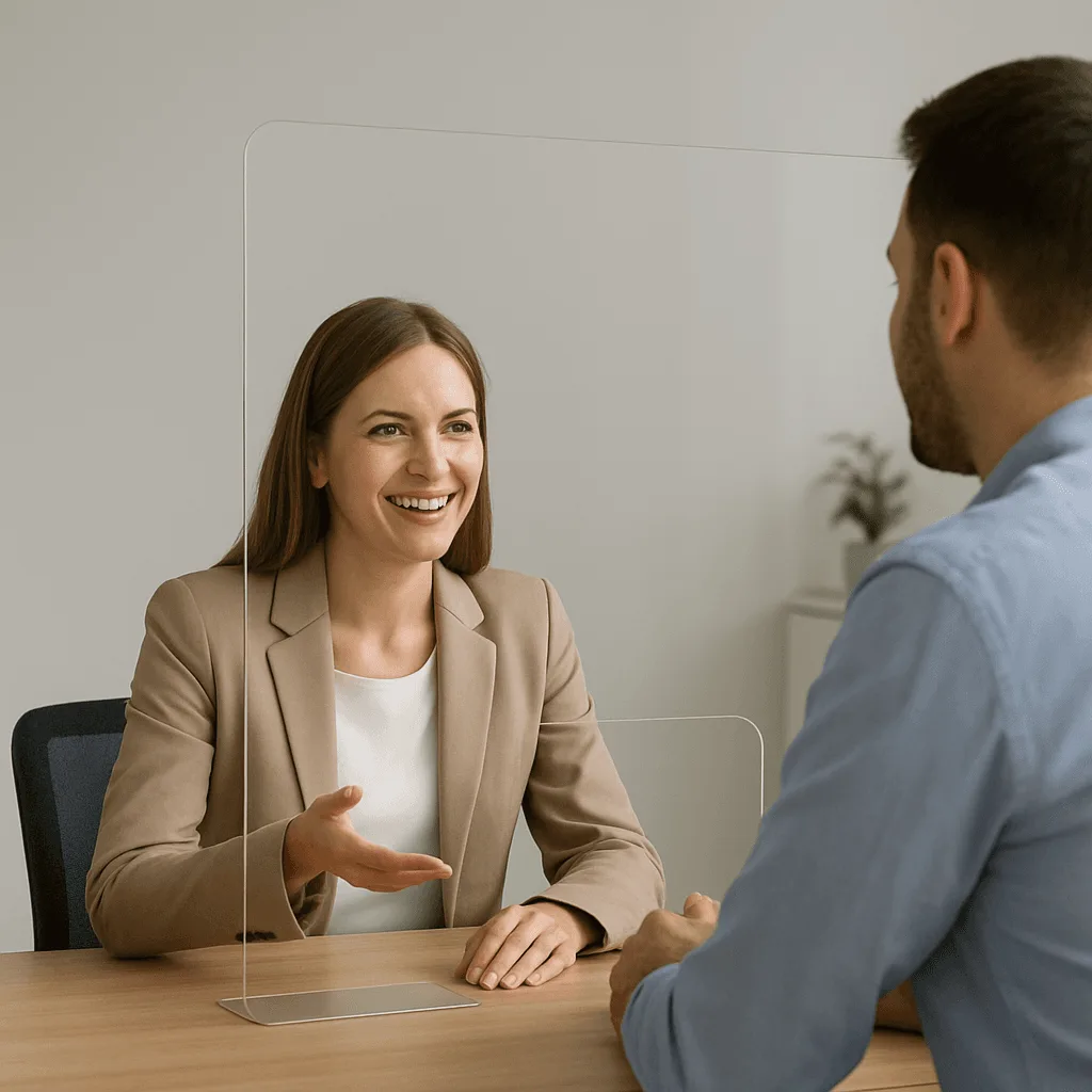 A consultant and a client smiling and talking across a table