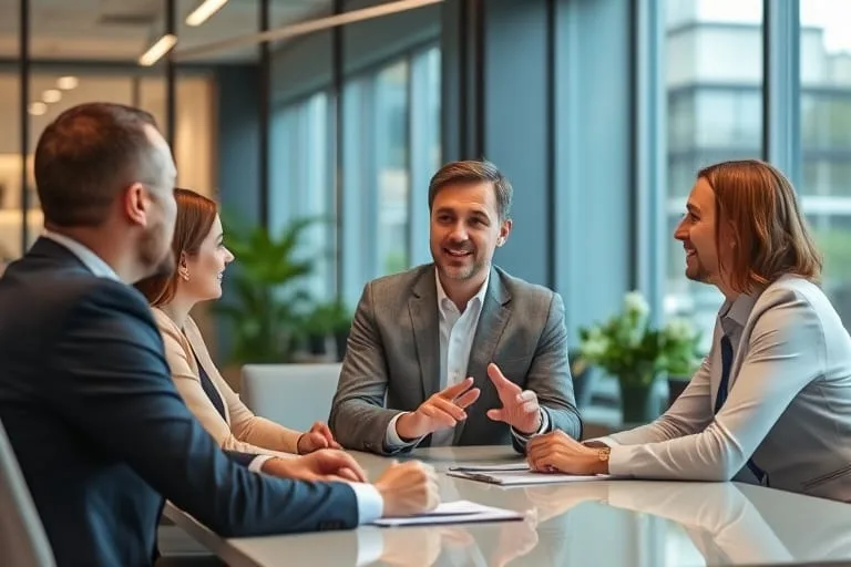 Four professionals in a business meeting around a table