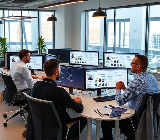 Three colleagues collaborating around multiple monitors in a bright modern office