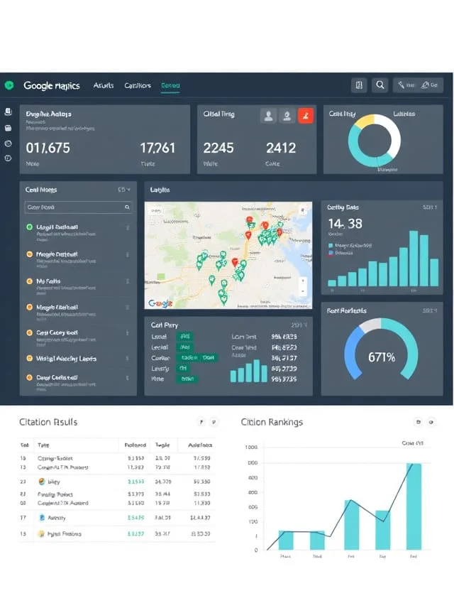 Dark analytics dashboard mockup with a map, a percentage donut chart, and a citation rankings table