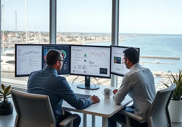 Two colleagues at a desk reviewing charts on multiple monitors, with a harbor view through the window