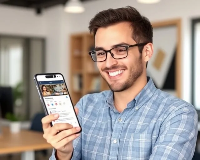 Smiling man holding up a smartphone displaying a social media post