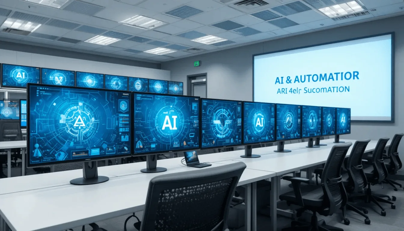 Row of monitors displaying AI-themed graphics in a training room, with an AI and Automation presentation on screen