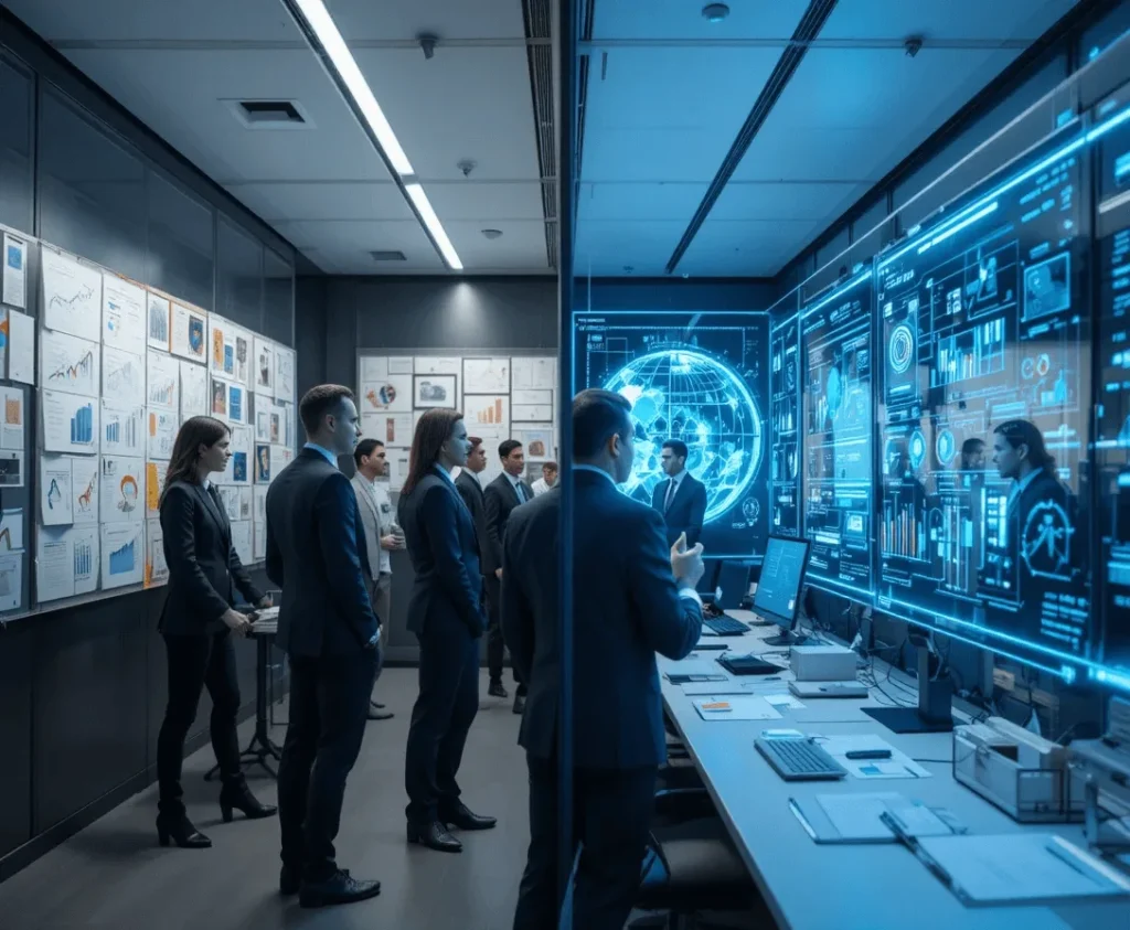 Group of professionals in suits viewing a large futuristic holographic globe data display