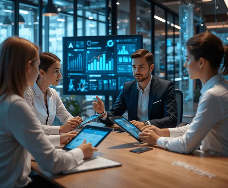Four business people in an office looking at a wall of screens showing charts and photos, holding tablets