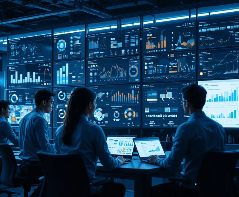 Team of professionals working at a wall of monitors and laptops showing data dashboards