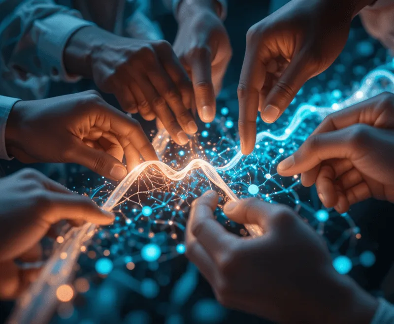 Close-up of several hands reaching toward a glowing digital network graphic, symbolizing collaboration