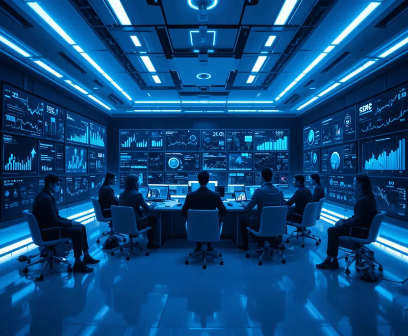 Team of professionals seated in a control room surrounded by data screens