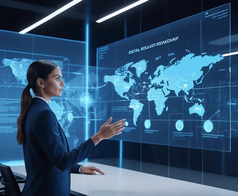 Businesswoman gesturing at a large futuristic holographic world map display
