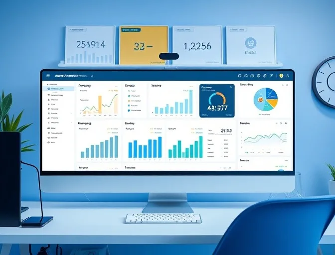 Desktop monitor on an office desk displaying a colorful analytics dashboard with charts and stat cards