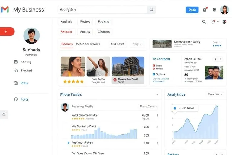 Mockup of a Google Business Profile style dashboard showing reviews, photos, and analytics