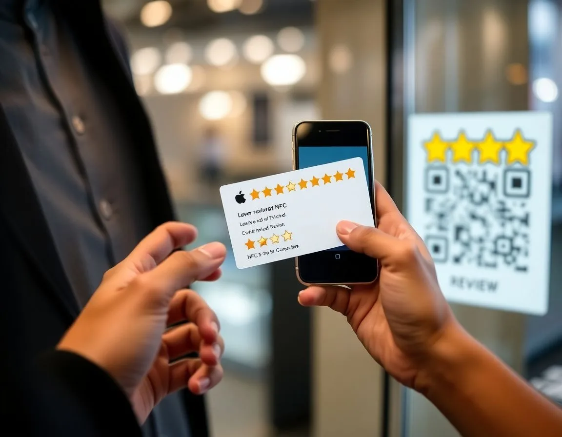 Hand holding a smartphone beside a five-star review card near a review QR code sign