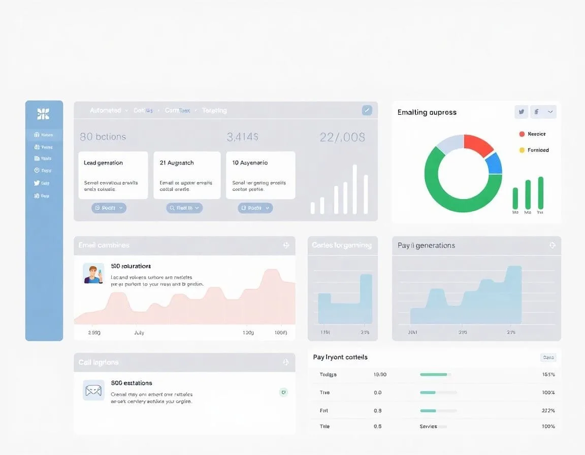 Light-themed marketing dashboard mockup showing lead generation, email, and call stats with a donut chart