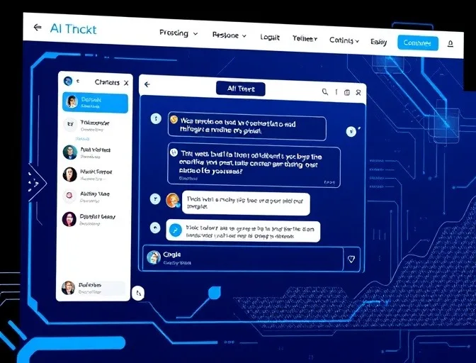 Mockup of a dark-themed AI chat interface showing a conversation list and message thread