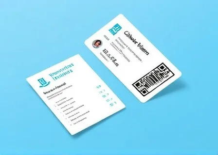 Two business cards on a blue background, one showing a QR code for contact details