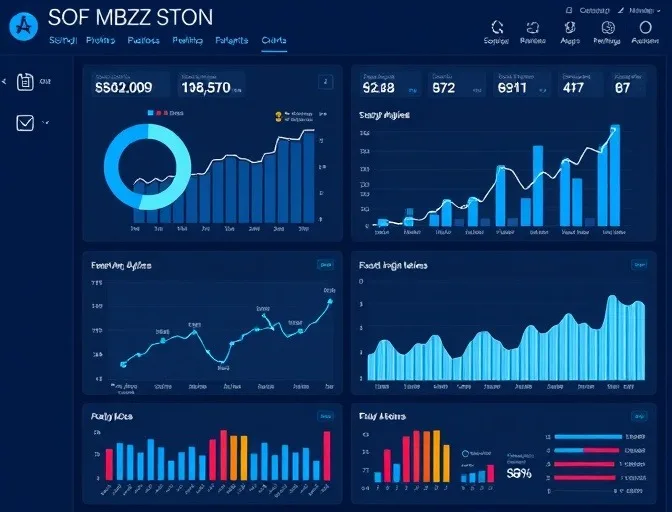 Dark analytics dashboard mockup with a donut chart, bar charts, and line graphs