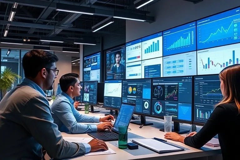 Three colleagues reviewing data together on wall-mounted screens in a modern office