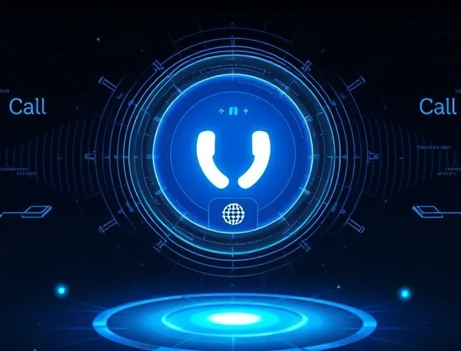 Illustration of a glowing blue AI-powered call icon with radar rings and circuit graphics