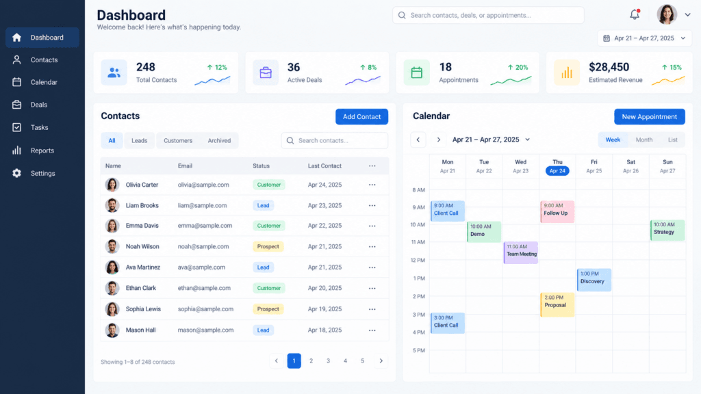 Branded CRM dashboard showing contacts, deals, appointments, and revenue
