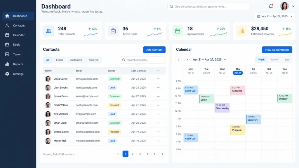 Branded CRM dashboard showing contacts, deals, appointments, and revenue