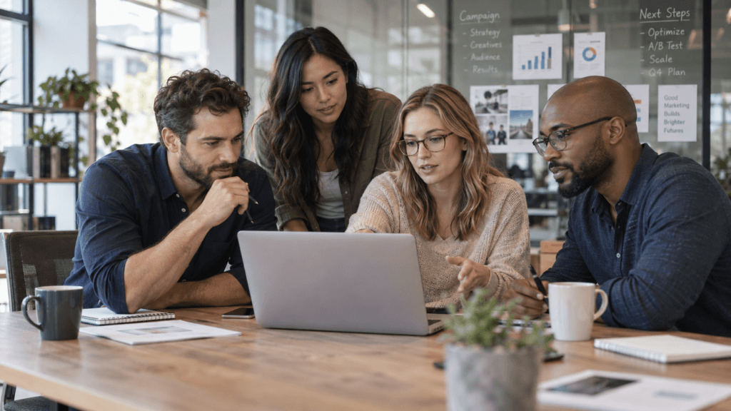 Marketing agency team reviewing campaign strategy