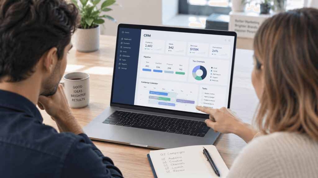 Agency team reviewing a branded CRM dashboard together