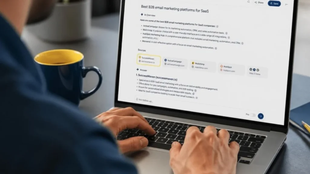 Laptop showing an AI search result citing a business as a source