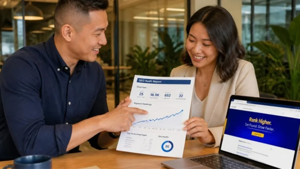 SEO consultant reviewing ranking results with a client