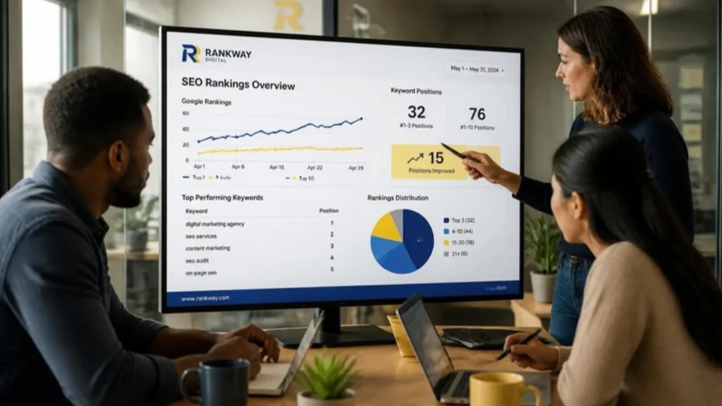 Marketing team reviewing an SEO rankings dashboard on a large monitor