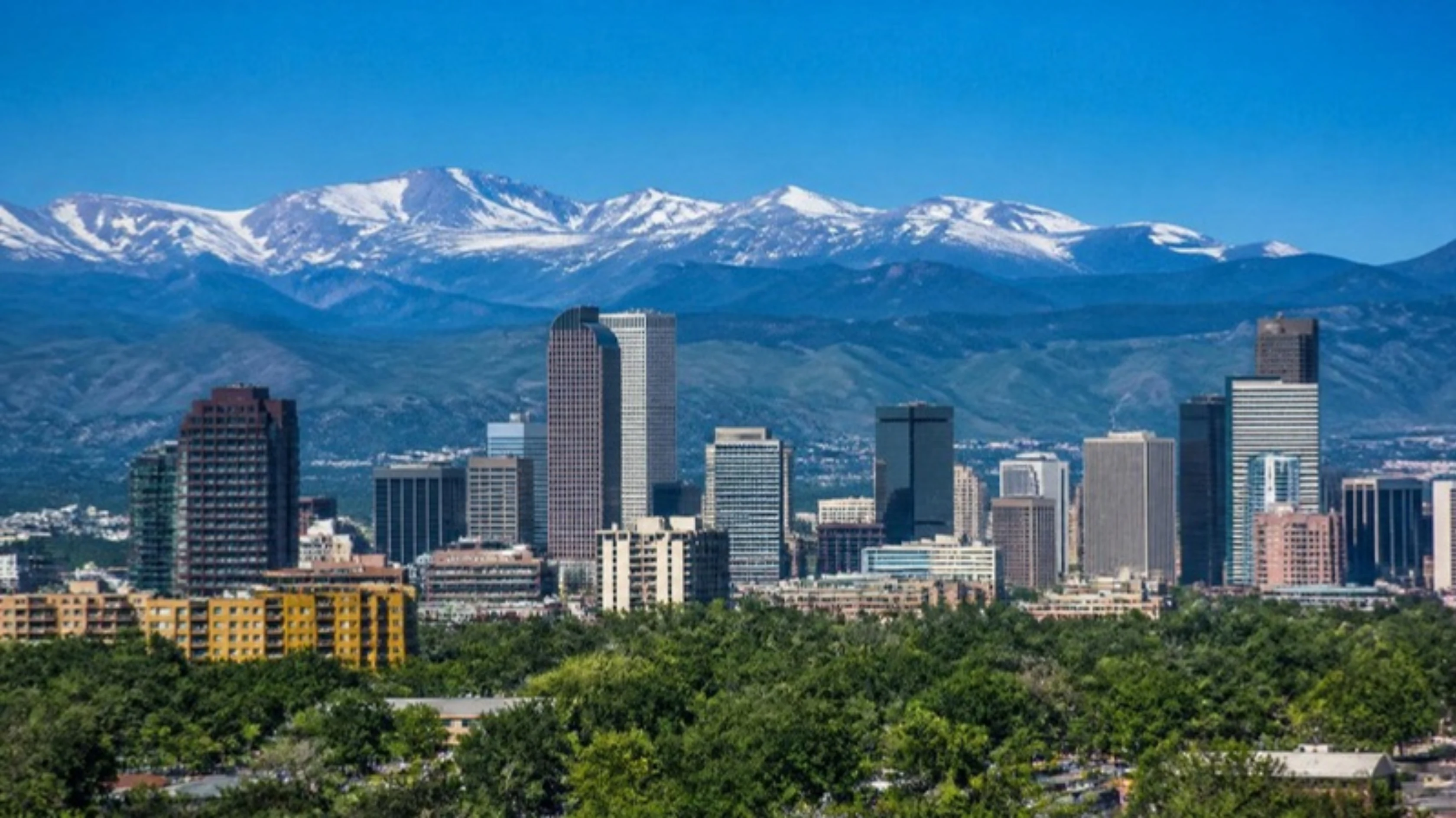 The Denver skyline with the Rocky Mountains in the background, GuestBrands SEO and digital marketing services