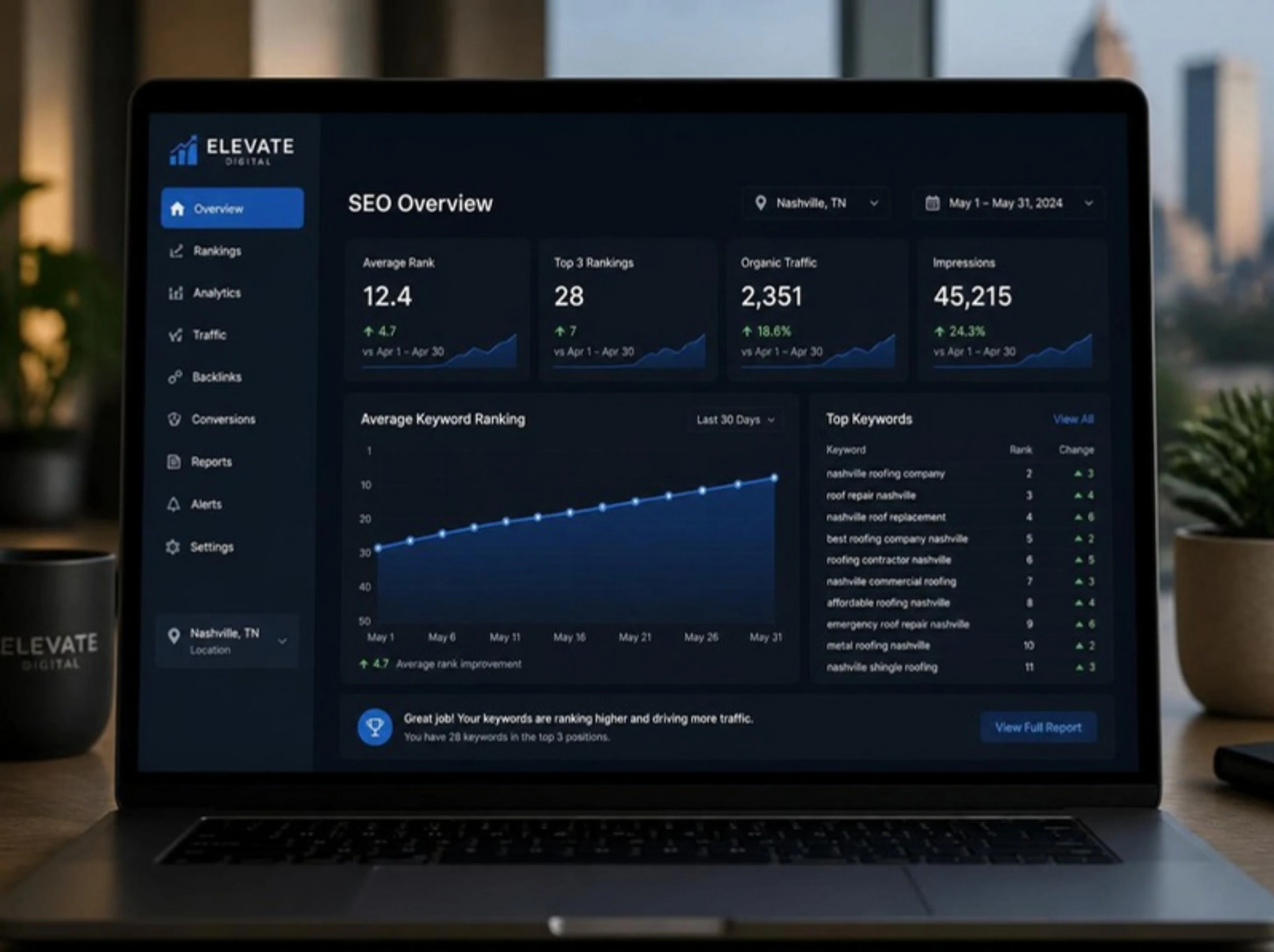 GuestBrands SEO ranking dashboard showing 6-month keyword position gains for Indianapolis businesses